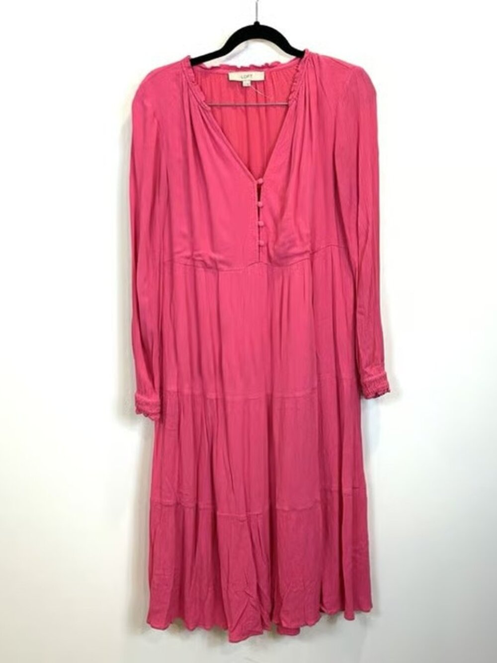 Ann Taylor Loft Dress Cotton Gauze Pink Long Sleeve Tiered Tunic Midi Medium